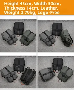 Detailed views of waterproof business backpack measuring 45x30x14cm with metal buckles