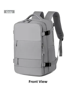 Front view of grey large capacity travel backpack with reinforced buckles and mesh straps