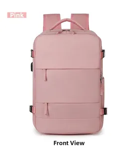 Pink travel backpack detail featuring water-resistant fabric and external USB charging port
