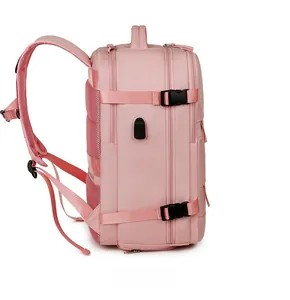 Pink travel backpack side view with layered zippers and breathable mesh back padding