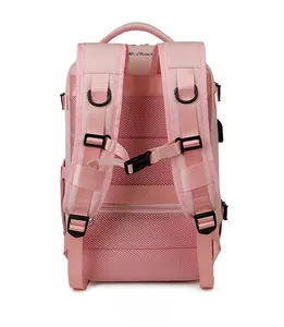 Pink travel backpack with breathable mesh back, padded straps and luggage strap detail