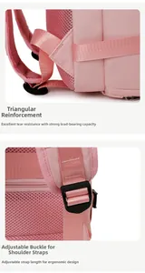 Detail of reinforced triangle stitching and adjustable strap buckle on pink nylon backpack