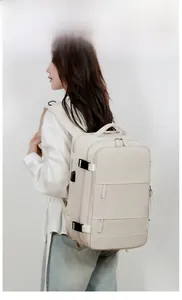 Detail of travel backpack with USB charging port and adjustable side buckle straps