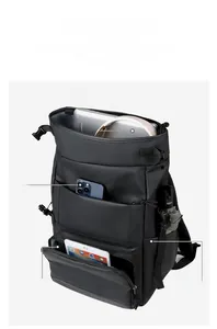 Detail view of large capacity backpack with multi-layer storage for laptop and gear
