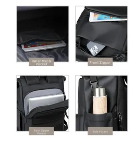 Detail view of large thermal backpack featuring laptop compartment and side water bottle pocket