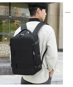 Side view of a black large capacity travel backpack with shoe compartment and side buckles