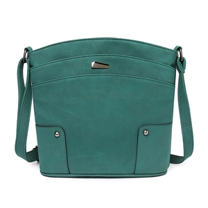 Detail of dark green multi-layer PU leather crossbody bag with metallic accents