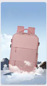 Detail view of pink travel backpack with multiple compartments and breathable design