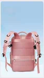 Pink travel backpack back view showing breathable sandwich mesh cooling system and straps