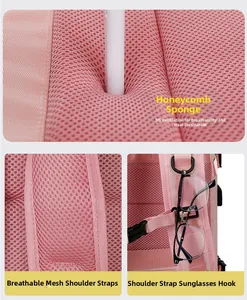 Pink travel backpack featuring breathable honeycomb mesh back padding and sunglasses hook