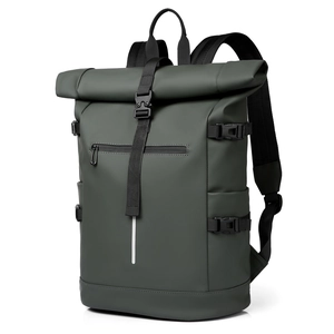 Waterproof roll-top backpack in dark green with functional straps and front zipper pocket