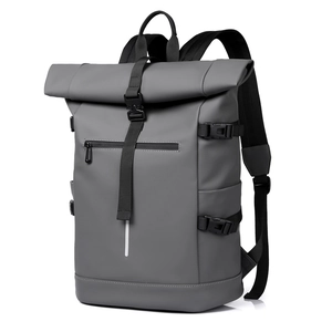 Waterproof grey roll-top backpack with large capacity and reflective safety strip
