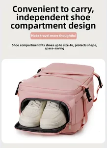 Pink travel backpack featuring a separate bottom compartment for shoes up to size 46