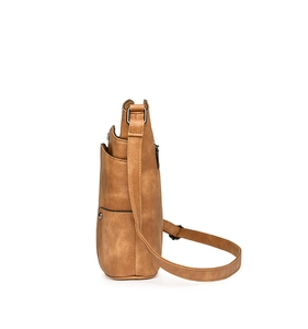 Side view of caramel brown multi-layered PU leather shoulder bag with metallic zipper details