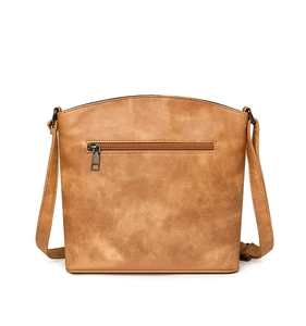 Detail view of vintage brown PU leather crossbody bag featuring a horizontal zipper pocket