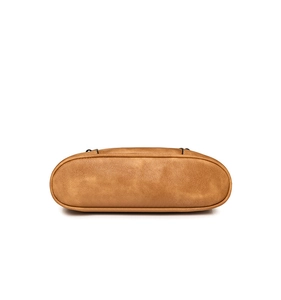 Detail view of the brown PU leather bag bottom showing fine stitching and smooth texture