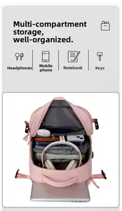 Pink multi-functional backpack with interior organized for laptop and accessories