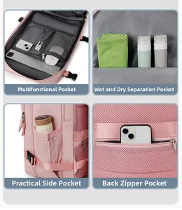 Detail view of pink nylon backpack featuring shoe compartment and wet-dry separation pocket