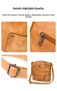 Close-up of vintage rivets, smooth zipper, and adjustable buckle on brown PU shoulder bag
