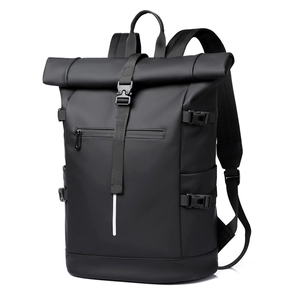 Waterproof roll-top backpack in black finish with large capacity and buckle closure