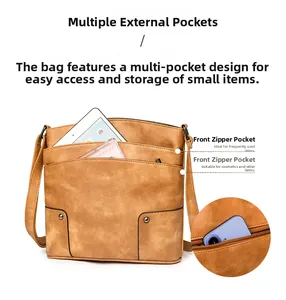Macro detail of retro brown PU leather shoulder bag featuring multiple functional zipper pockets