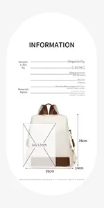 Guide des tailles pour sac à dos Oxford avec dimensions 32x35x14cm et capacité format A4