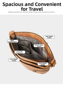 Internal layout of brown textured faux leather bag showing multiple functional compartments