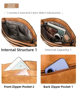 Detailed interior view of brown faux leather bag showing multiple pockets and storage capacity