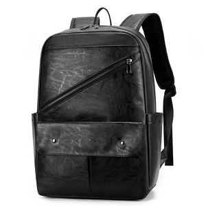 Classic black PU leather backpack with diagonal zipper and large capacity for business travel