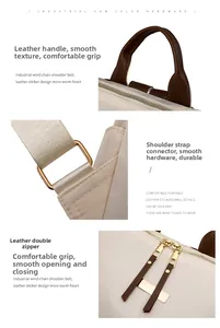 Détails de la poignée en cuir, ferrures dorées et double fermeture du sac à dos Oxford