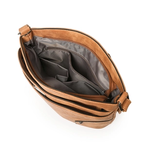 Brown multi-layer faux leather crossbody bag with spacious interior compartments