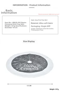 Detail view of 101cm gray Merry Christmas tree skirt with dimensions and material specs