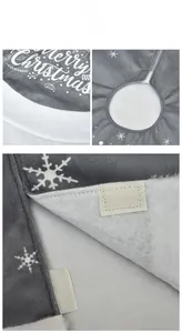 Detail of grey velvet Christmas tree skirt with Merry Christmas text and velcro closure