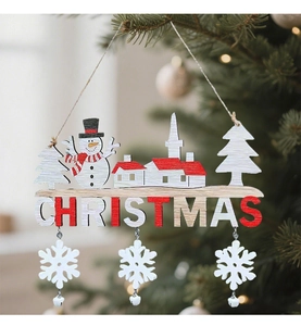 Detail of Christmas wooden hanging sign with snowmen, houses and white snowflakes