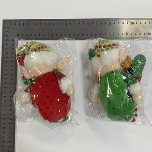 Detailed size measurement of two Christmas elf plush dolls with striped hats and soft fur