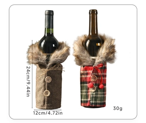 Detail view of plaid wine bottle covers with faux fur collar and size dimensions