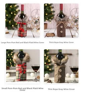 Detalles de cuatro fundas navideñas para botellas con tela de cuadros y cuello de pelo