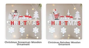 Detail of wooden Christmas ornaments featuring snowman and reindeer with hanging snowflakes