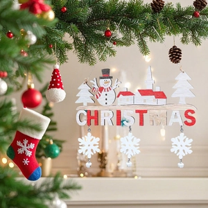 Wooden Christmas hanging ornament featuring snowman, trees and red CHRISTMAS letter pendant
