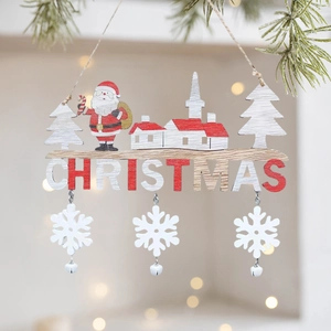Christmas wooden hanging sign featuring Santa Claus, pine trees and white bells