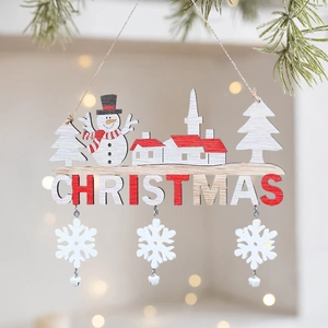 Christmas wooden wall hanging with snowman, pine trees and white snowflake pendants
