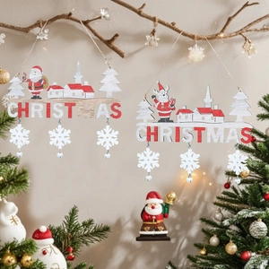 Christmas Wooden Hanging Ornament With Bell Santa Snowman Reindeer Pattern Laser Cut Wood Sign For Home Party Decoration