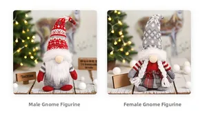 Detailaufnahme von männlichen und weiblichen Weihnachtswichteln mit Strickmützen und Plüsch