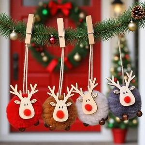 Adornos Colgantes de Reno de Navidad con Bola de Peluche Colgantes Decorativos de Lana de Cordero y Madera para Árbol de Navidad