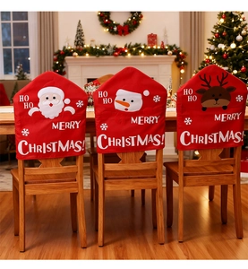 Three-piece red Christmas chair covers set with Santa, Snowman and Reindeer patterns
