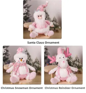 Pink Christmas plush ornaments set featuring Santa Snowman and Deer with sequins