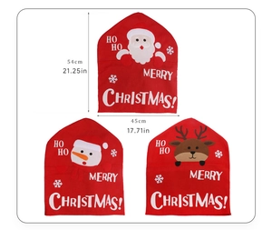Detail view of red Christmas chair covers with Santa and snowman patterns and dimensions