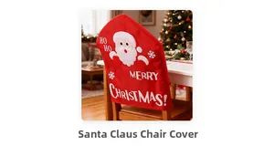 Detail of red Santa Claus chair cover with Merry Christmas text in festive setting
