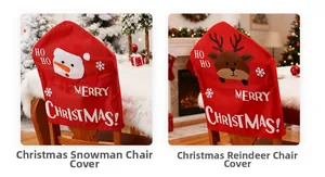 Detailed view of red Christmas chair covers with snowman and reindeer cartoon designs