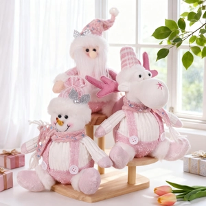 Pink Christmas Ornaments Plush Santa Snowman Reindeer Dolls Sequin Knitted Fabric Xmas Tree Home Party Decor Cute Cartoon